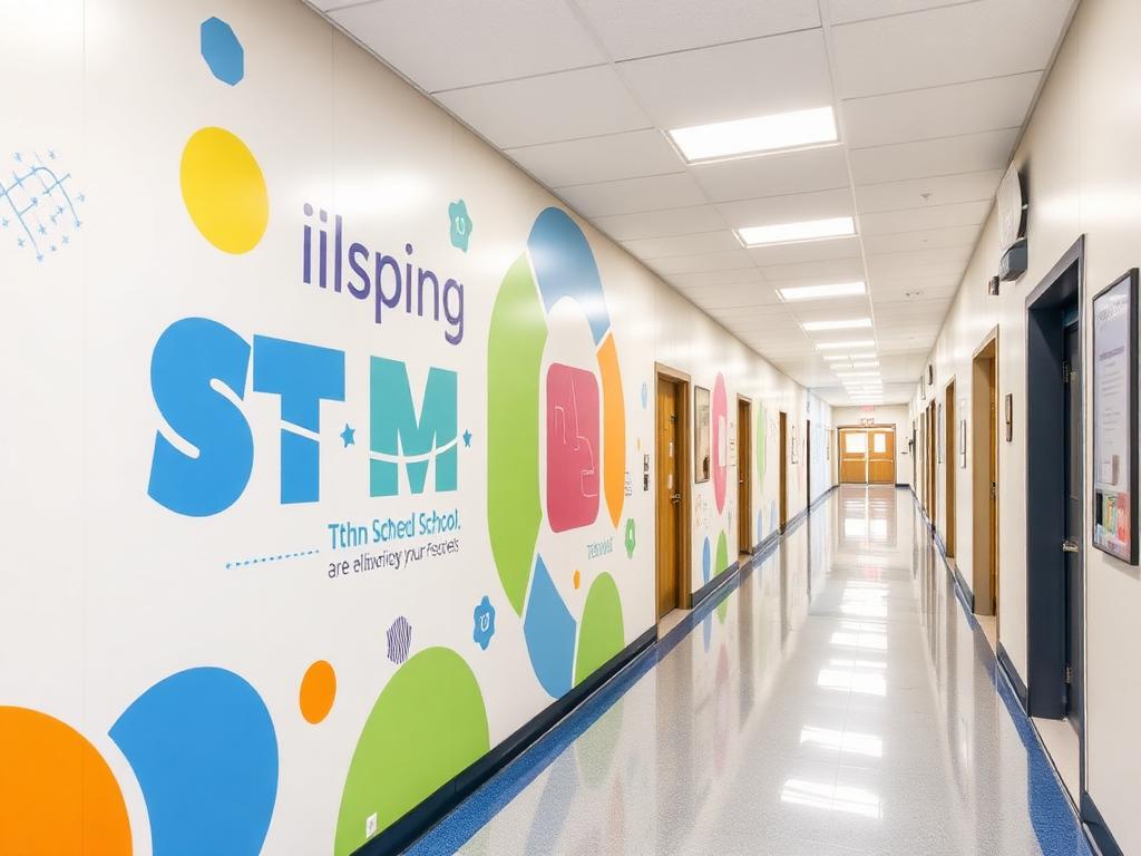 Corridor wall wrap with STEM graphics in a UK school