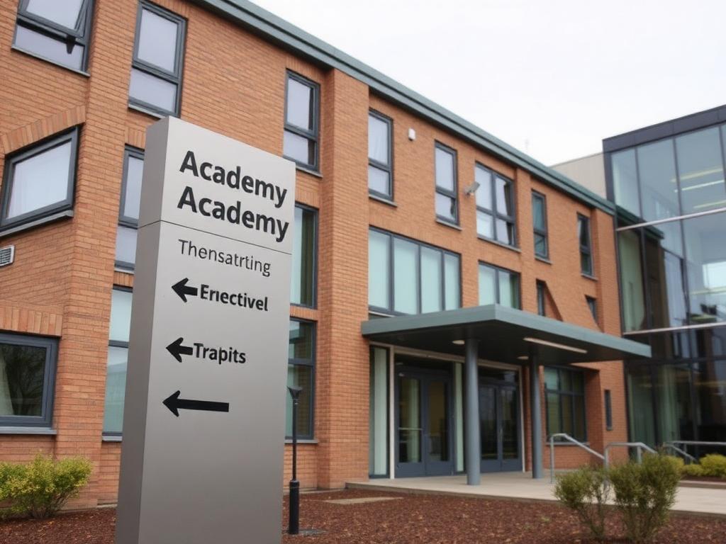 Aluminium entrance totem outside a UK academy with directional arrows